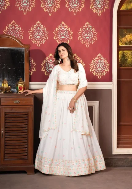 White Multi Color Faux Blooming Party Wear Lehenga