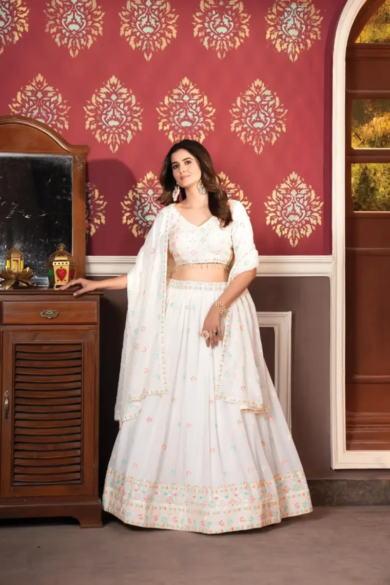 White Multi Color Faux Blooming Party Wear Lehenga