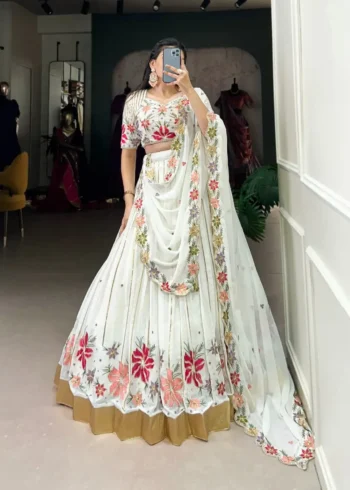 White Sequins & Thread Embroidered Georgette Lehenga Choli
