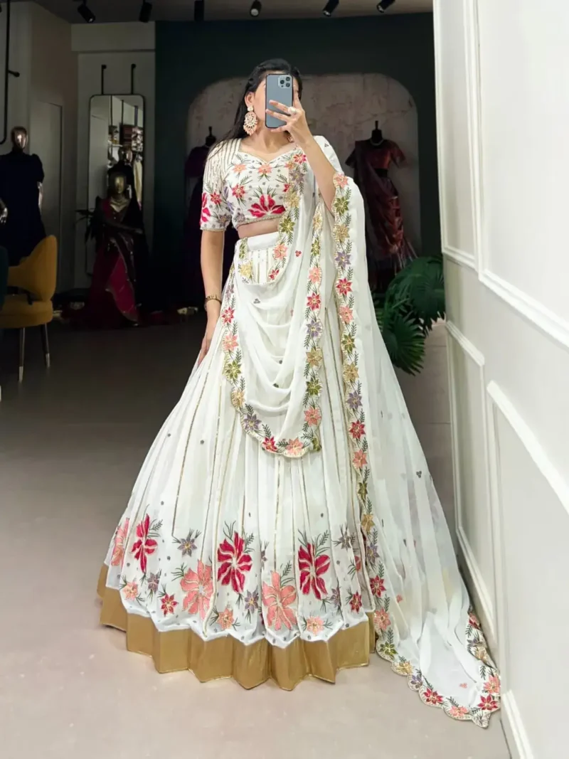 White Sequins & Thread Embroidered Georgette Lehenga Choli