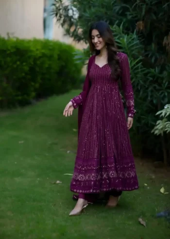 Wine Purple Embroidery and Zari work Anarkali Suit