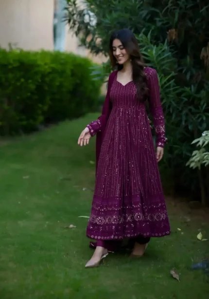 Wine Purple Embroidery and Zari work Anarkali Suit