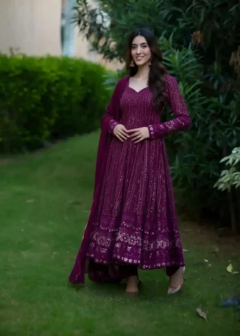 Wine Purple Embroidery and Zari work Anarkali Suit
