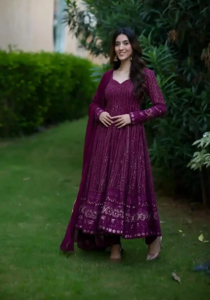 Wine Purple Embroidery and Zari work Anarkali Suit