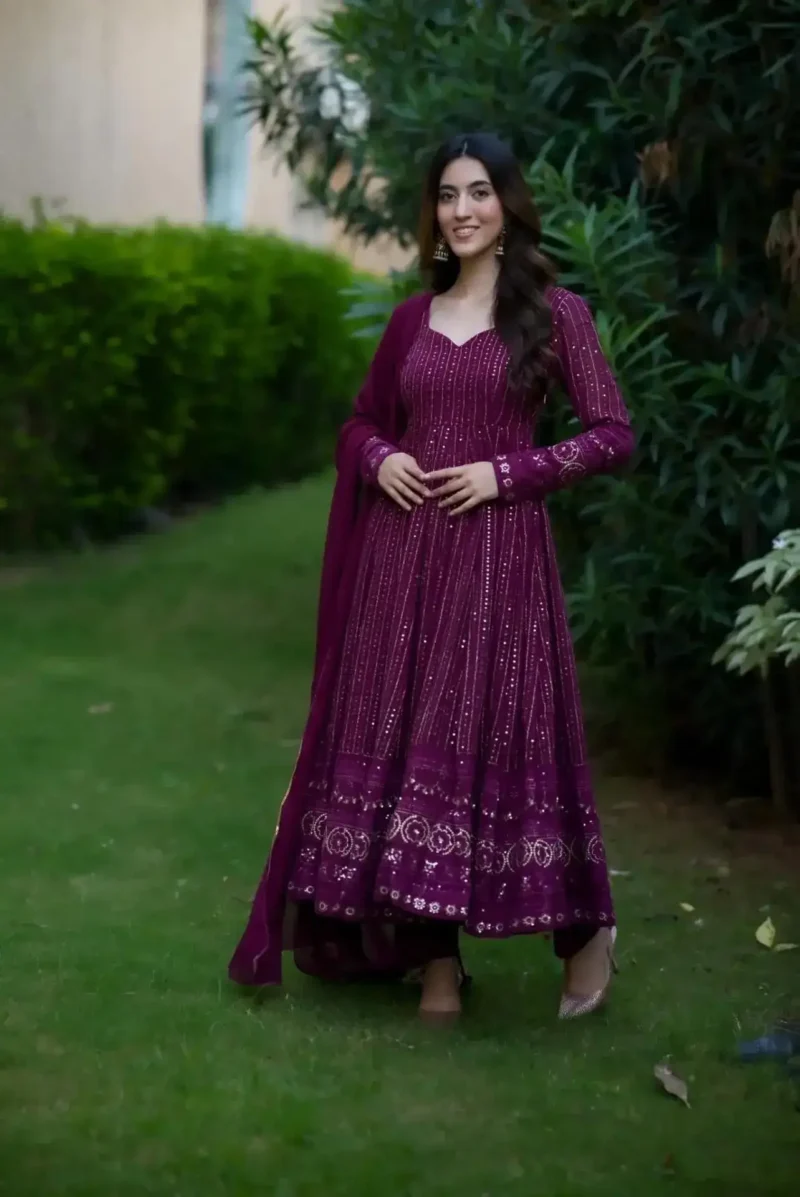 Wine Purple Embroidery and Zari work Anarkali Suit