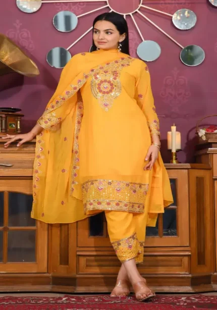 Yellow Color Designer Embroidered Georgette Suits for Party