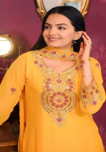 Yellow Color Designer Embroidered Georgette Suits for Party