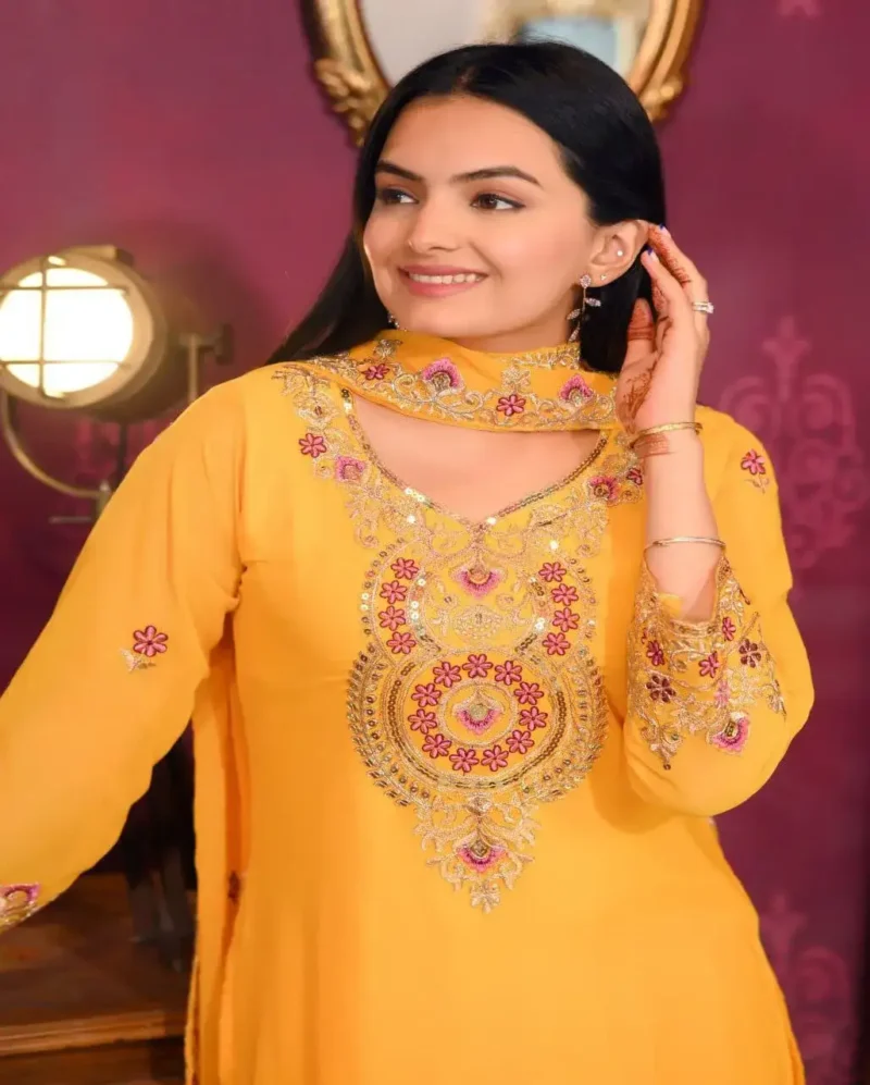 Yellow Color Designer Embroidered Georgette Suits for Party