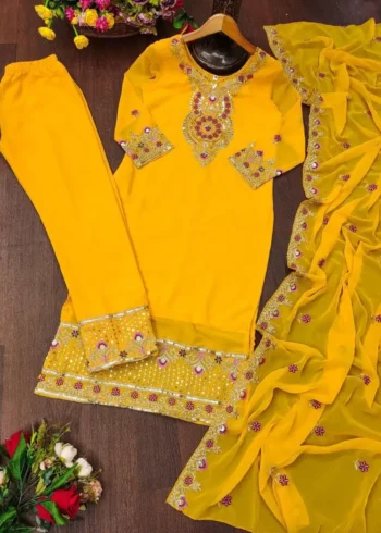 Yellow Color Designer Embroidered Georgette Suits for Party
