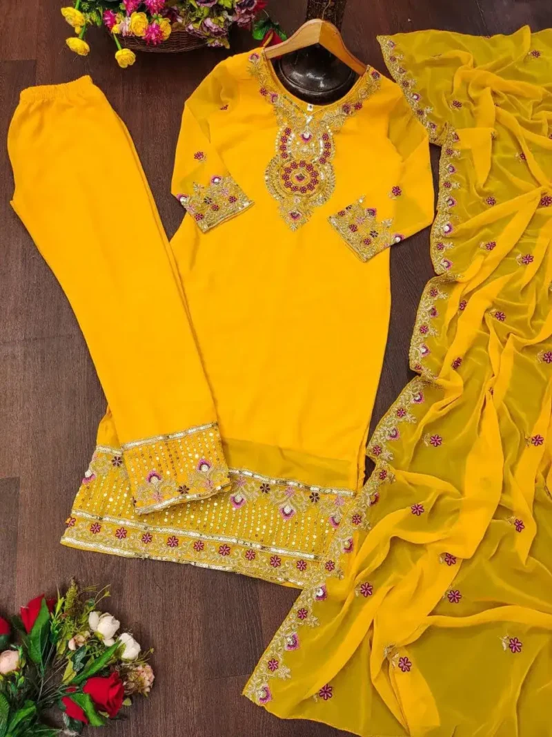 Yellow Color Designer Embroidered Georgette Suits for Party