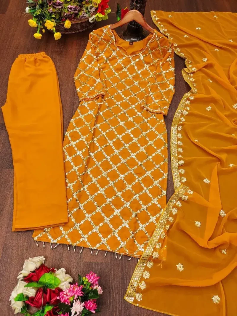 Rivet Moti Sequence Embroidered Faux Georgette Designer Suit
