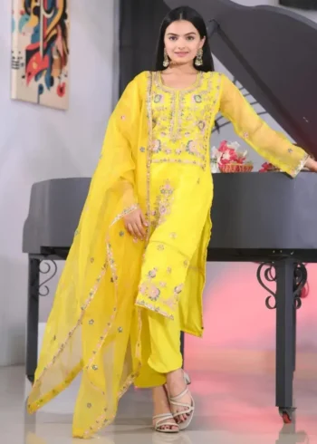 Yellow Designer Embroidered Organza Suit