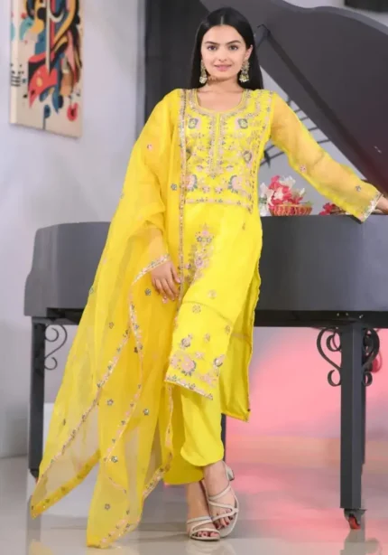 Yellow Designer Embroidered Organza Suit