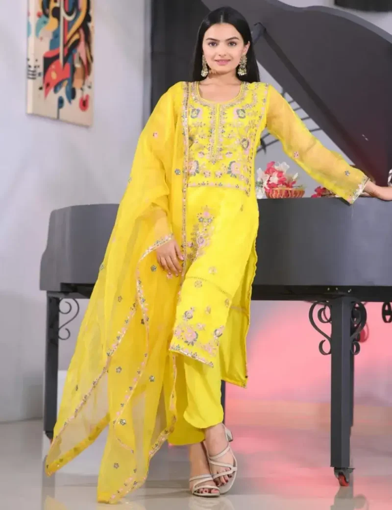 Yellow Designer Embroidered Organza Suit