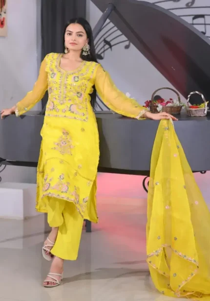 Yellow Designer Embroidered Organza Suit