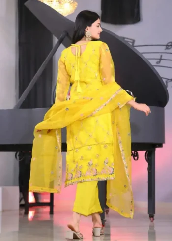 Yellow Designer Embroidered Organza Suit
