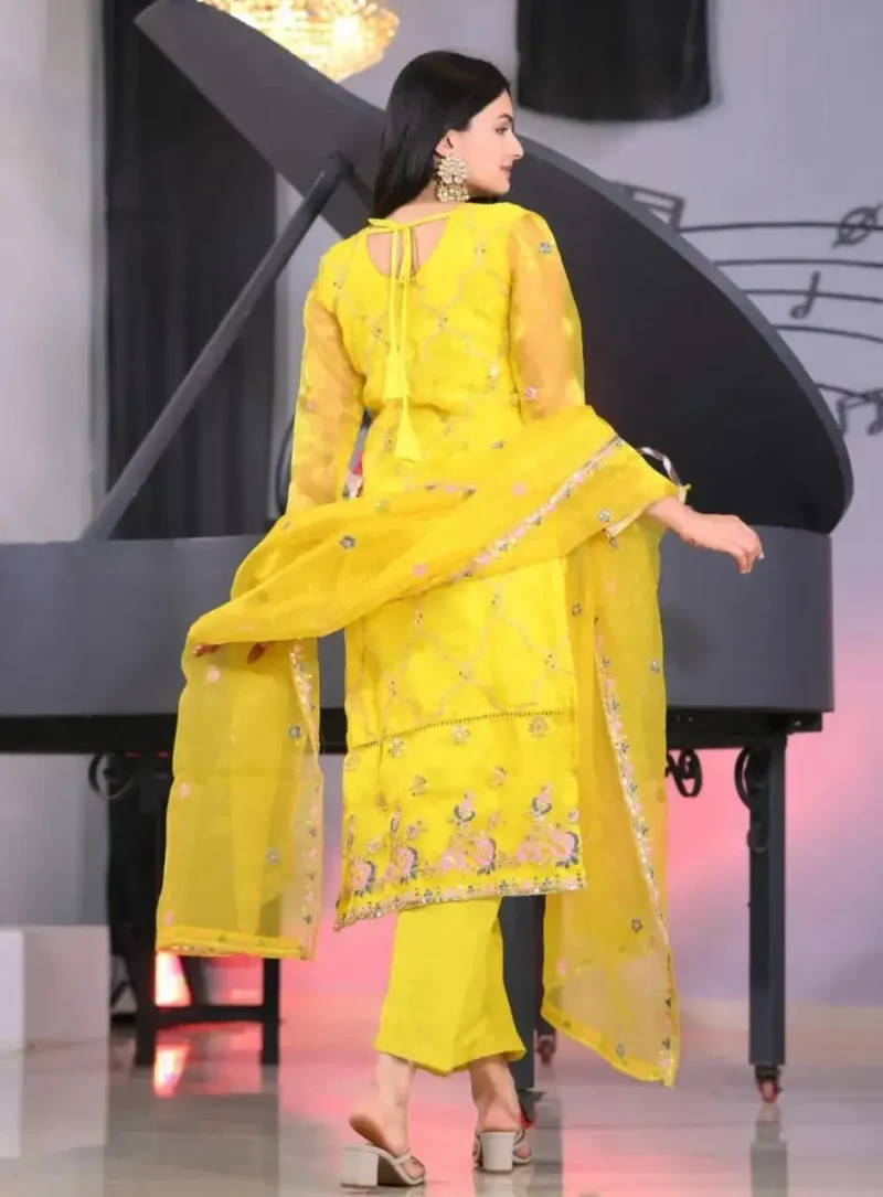 Yellow Designer Embroidered Organza Suit