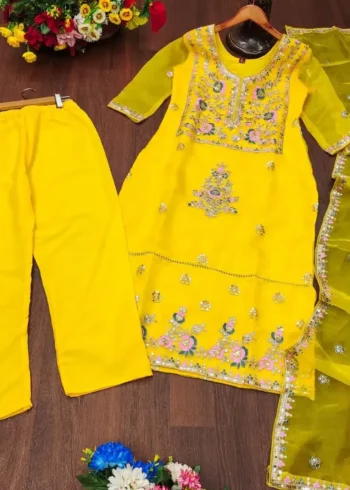 Yellow Designer Embroidered Organza Suit