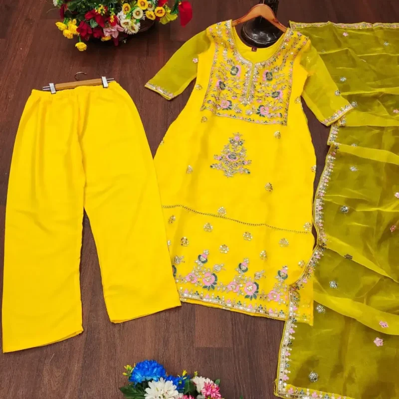 Yellow Designer Embroidered Organza Suit
