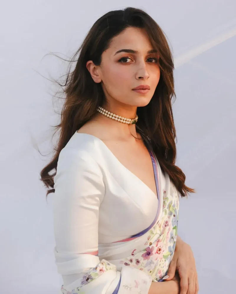 Alia Bhatt Inspired Floral Printed Satin Silk Celebrity Saree