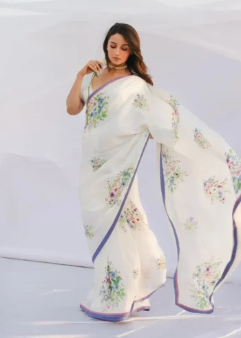 Alia Bhatt Inspired Floral Printed Satin Silk Celebrity Sarees