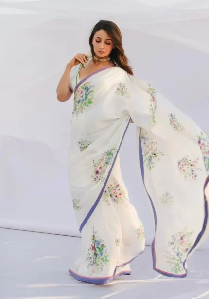 Alia Bhatt Inspired Floral Printed Satin Silk Celebrity Saree