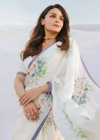 Alia Bhatt Inspired Floral Printed Satin Silk Celebrity Saree