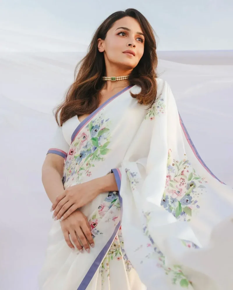 Alia Bhatt Inspired Floral Printed Satin Silk Celebrity Saree