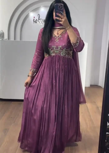Baby Pink Color Chinon Heavy Embroidery & Sequence Work Party Wear Gown