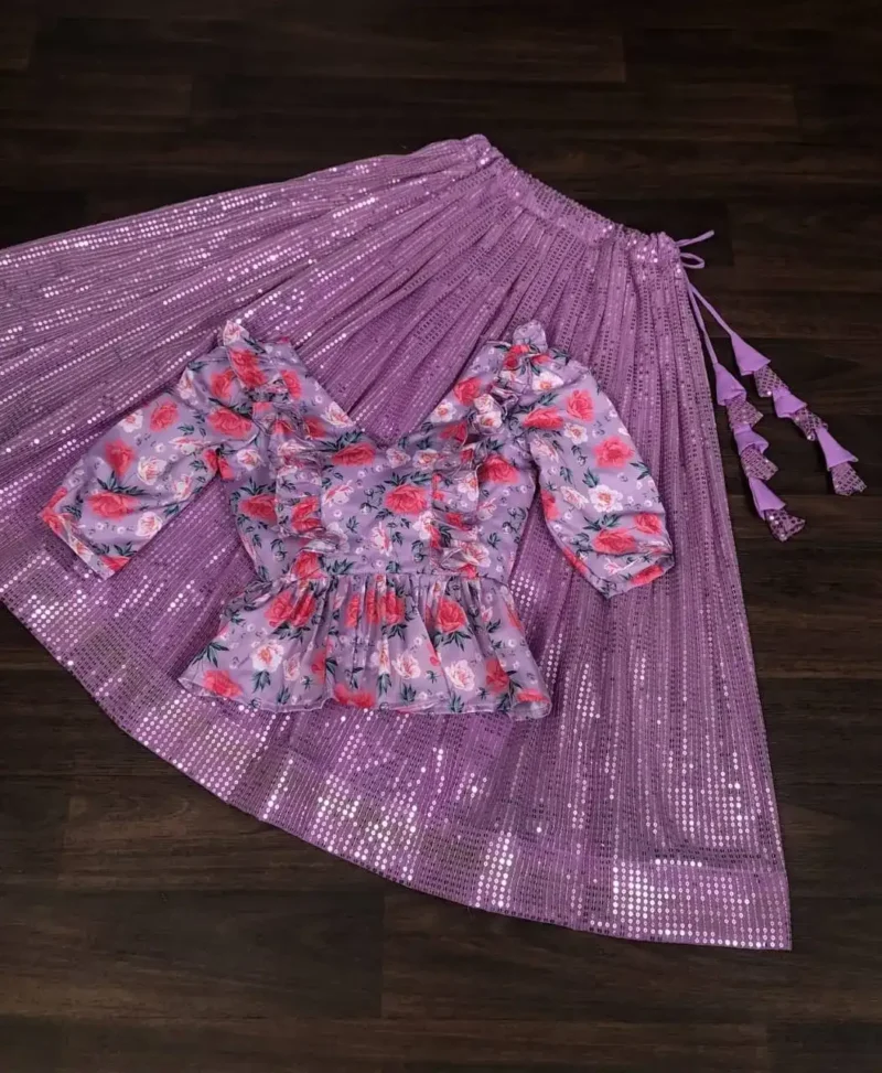 Baby Pink Color Sequins Embroidered Lehenga with Printed Gown