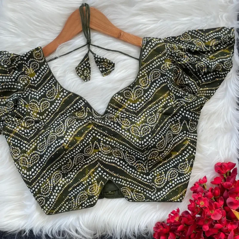 Bandhani Printed Siroski Diamond Work Rayon Cotton Blouse