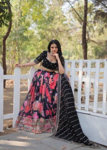 Black Color Digital Floral Printed Sequins Embroidered Bridesmaid Lehenga Choli