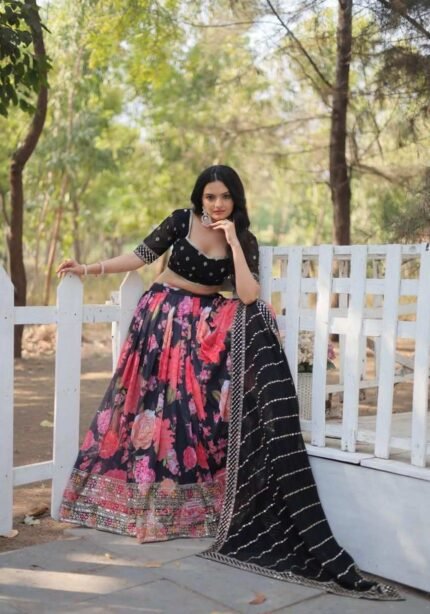 Black Color Digital Floral Printed Sequins Embroidered Bridesmaid Lehenga Choli