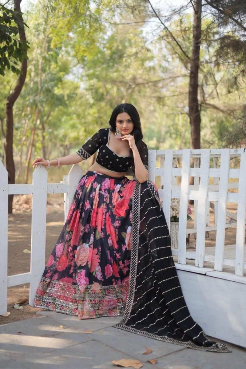 Black Color Digital Floral Printed Sequins Embroidered Bridesmaid Lehenga Choli