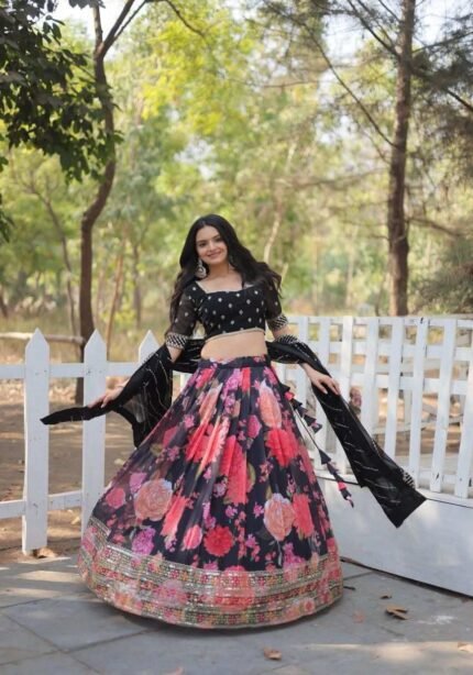 Black Color Digital Floral Printed Sequins Embroidered Bridesmaid Lehenga Choli