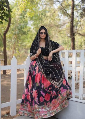 Black Color Digital Floral Printed Sequins Embroidered Bridesmaid Lehenga Choli