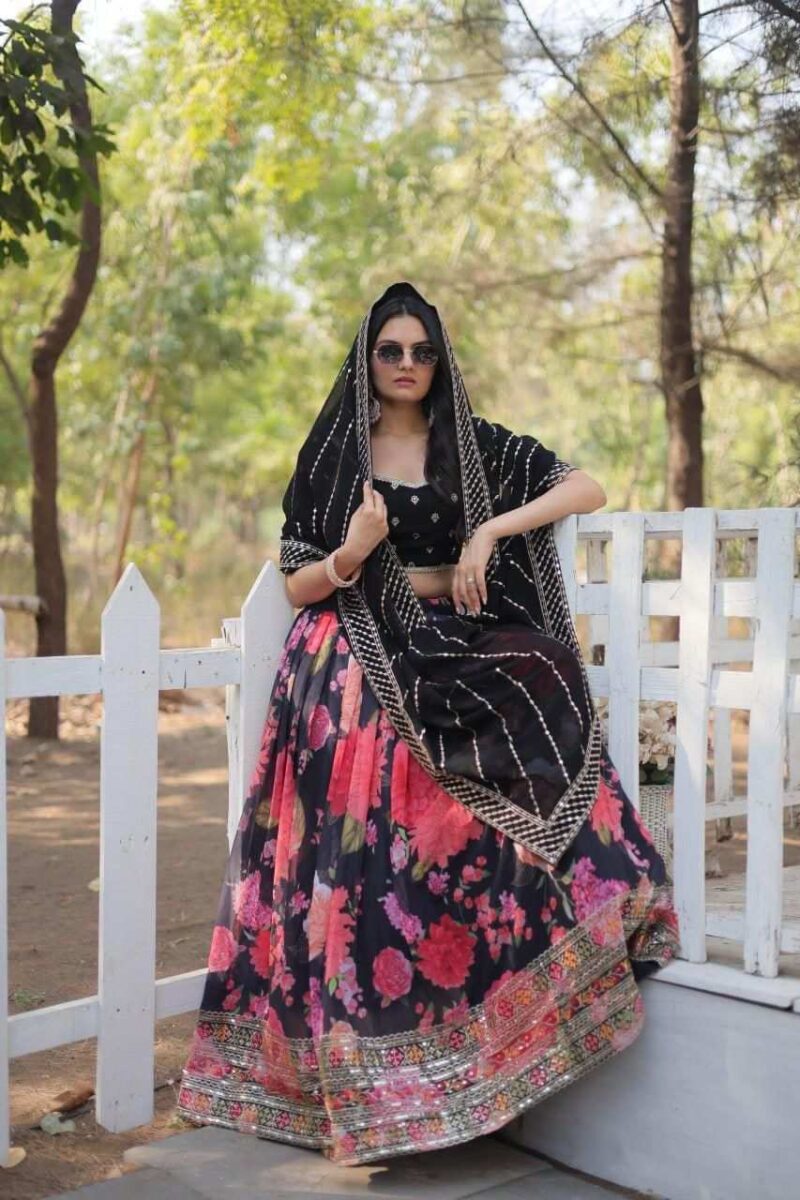 Black Color Digital Floral Printed Sequins Embroidered Bridesmaid Lehenga Choli