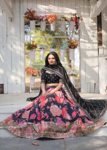 Black Color Digital Floral Printed Sequins Embroidered Bridesmaid Lehenga Choli