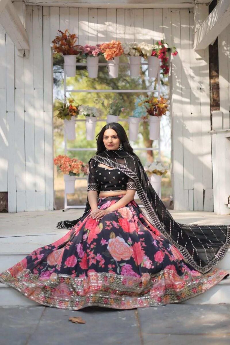Black Color Digital Floral Printed Sequins Embroidered Bridesmaid Lehenga Choli