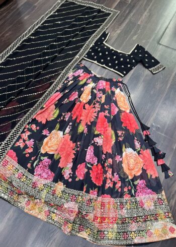 Black Color Digital Floral Printed Sequins Embroidered Bridesmaid Lehenga Choli