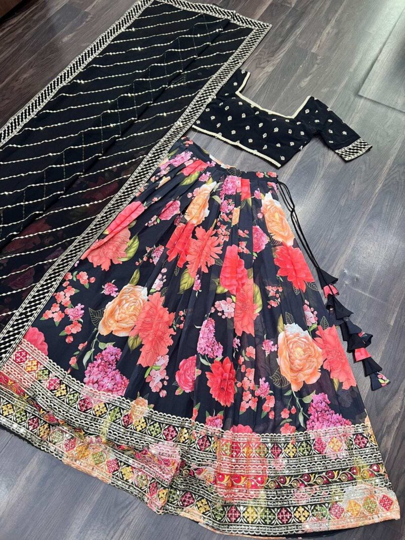 Black Color Digital Floral Printed Sequins Embroidered Bridesmaid Lehenga Choli