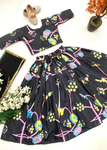 Black Color Digital Printed Designer Lehenga for Kids