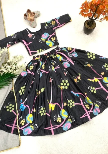 Black Color Digital Printed Designer Lehenga for Kids