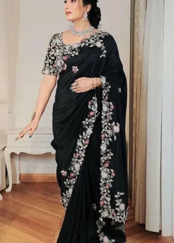 Black Heavy Embroidered Wedding Party Wear Georgette Saree