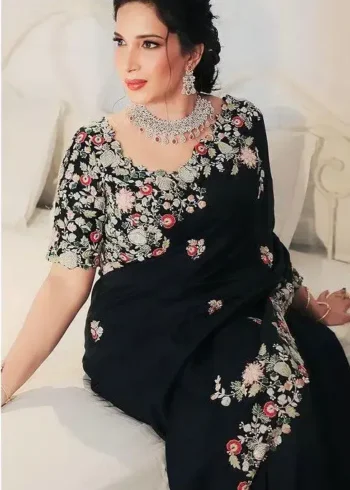 Black Heavy Embroidered Wedding Party Wear Georgette Saree