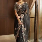 Black Heavy Embroidered Wedding Party Wear Georgette Saree
