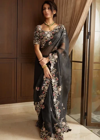 Black Heavy Embroidered Wedding Party Wear Georgette Saree