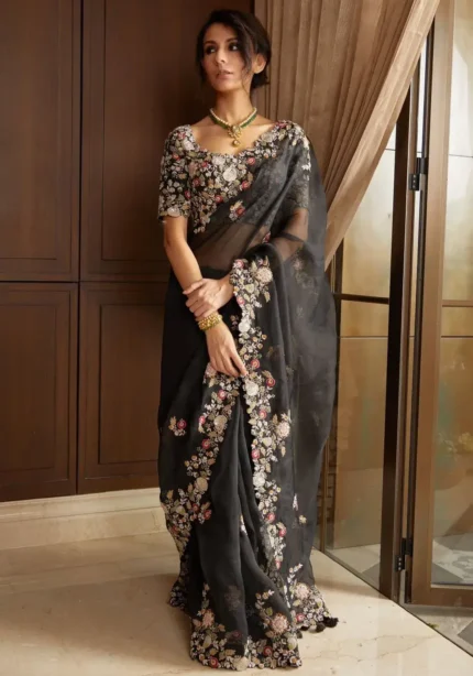 Black Heavy Embroidered Wedding Party Wear Georgette Saree