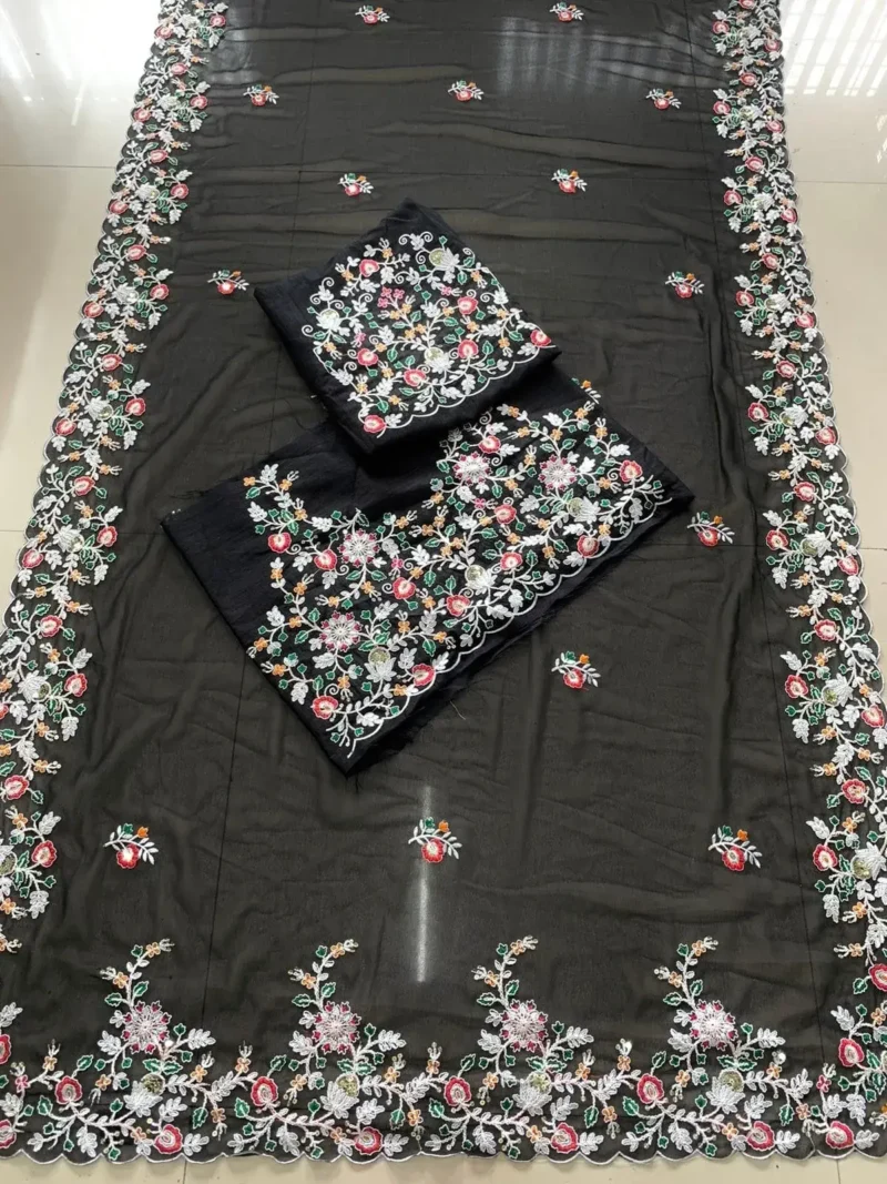 Black Heavy Embroidered Wedding Party Wear Georgette Saree
