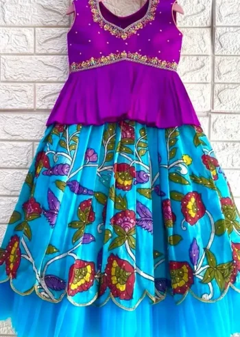 Blue Color Faux Georgette Chinon Silk Printed Kids Lehenga Choli